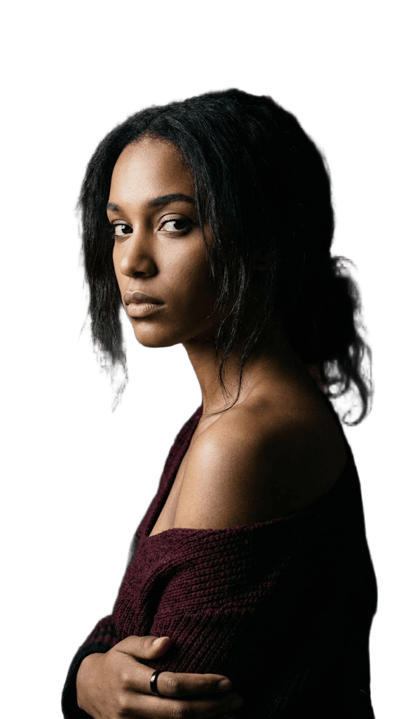 Vera Frost, dark hair on bare shoulder, in oxblood knit