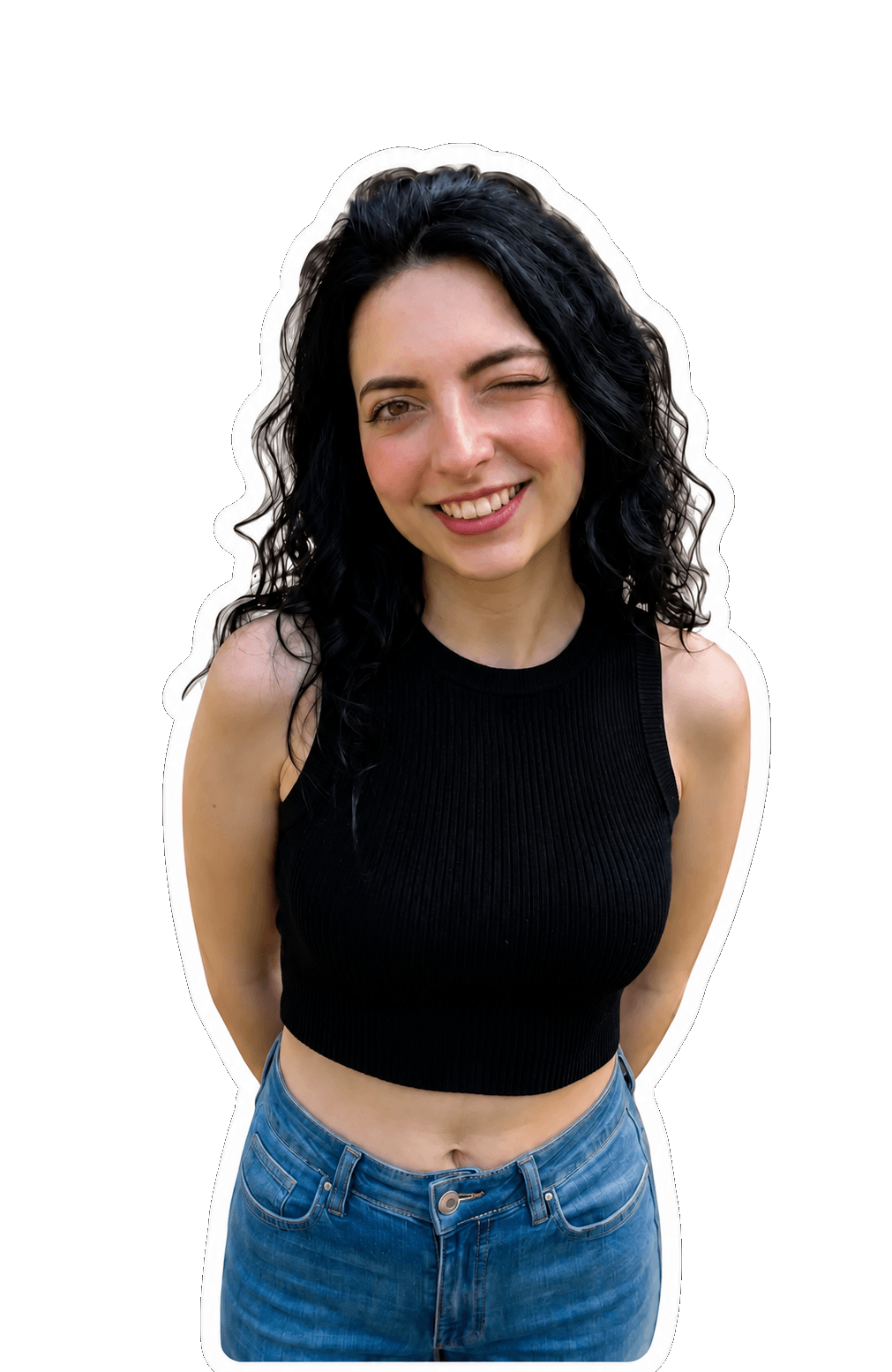 Deliana, winking at the camera, black ribbed tank, hands behind her back